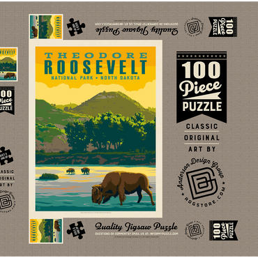 Darstellung des Puzzle Motivs Theodore Roosevelt National Park: Bison, Vintage Poster 100 Puzzle Schachtel 3D Modell
