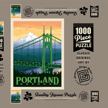 Darstellung des Puzzle Motivs Portland, Oregon: St. Johns Bridge, Vintage Poster 1000 Puzzle Schachtel 3D Modell