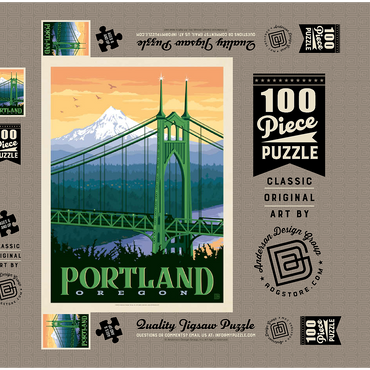 Darstellung des Puzzle Motivs Portland, Oregon: St. Johns Bridge, Vintage Poster 100 Puzzle Schachtel 3D Modell