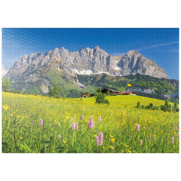 puzzleplate Bauernhaus vor dem Wilden Kaiser, Österreich, Tirol - Kaisergebirge 1000 Puzzle