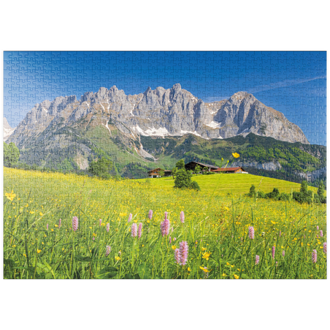 puzzleplate Bauernhaus vor dem Wilden Kaiser, Österreich, Tirol - Kaisergebirge 1000 Puzzle