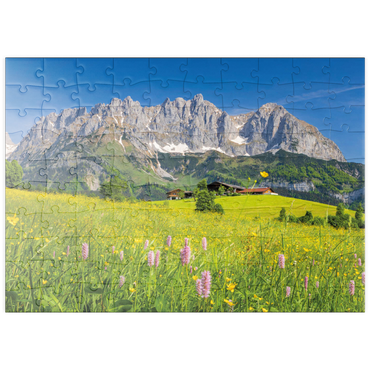 puzzleplate Bauernhaus vor dem Wilden Kaiser, Österreich, Tirol - Kaisergebirge 100 Puzzle