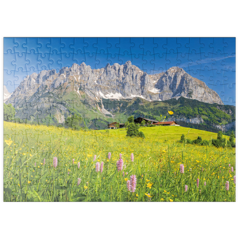 puzzleplate Bauernhaus vor dem Wilden Kaiser, Österreich, Tirol - Kaisergebirge 200 Puzzle