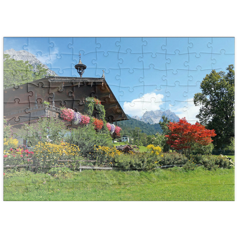 puzzleplate Bauernhaus am Wilden Kaiser bei Scheffau, Österreich, Tirol - Kaisergebirge 100 Puzzle