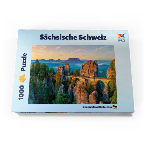 Sonnenaufgang an der Bastei in der Sächsischen Schweiz, Sachsen, Deutschland 1000 Puzzle Schachtel Ansicht3