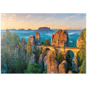Darstellung des Puzzle-Motivs Sonnenaufgang an der Bastei in der Sächsischen Schweiz, Sachsen, Deutschland – Puzzleteile: 1000