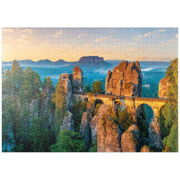 puzzleplate Sonnenaufgang an der Bastei in der Sächsischen Schweiz, Sachsen, Deutschland 1000 Puzzle