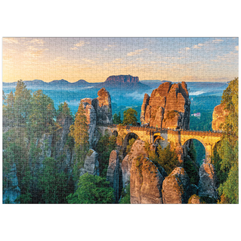 puzzleplate Sonnenaufgang an der Bastei in der Sächsischen Schweiz, Sachsen, Deutschland 1000 Puzzle