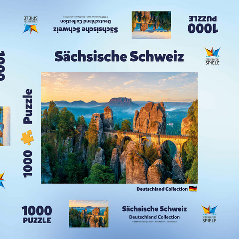 Sonnenaufgang an der Bastei in der Sächsischen Schweiz, Sachsen, Deutschland 1000 Puzzle Schachtel 3D Modell