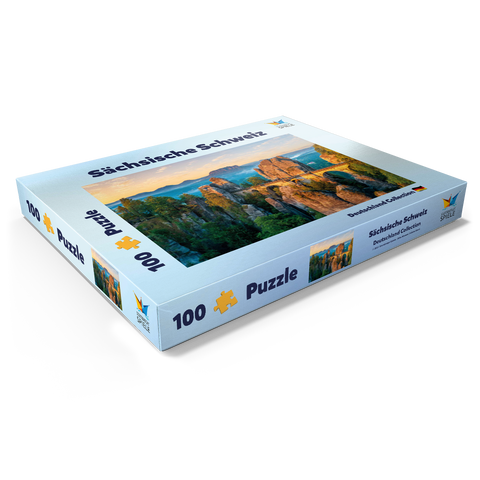 Sonnenaufgang an der Bastei in der Sächsischen Schweiz, Sachsen, Deutschland 100 Puzzle Schachtel Ansicht1