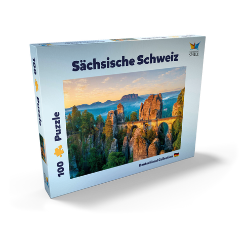 Sonnenaufgang an der Bastei in der Sächsischen Schweiz, Sachsen, Deutschland 100 Puzzle Schachtel Ansicht2