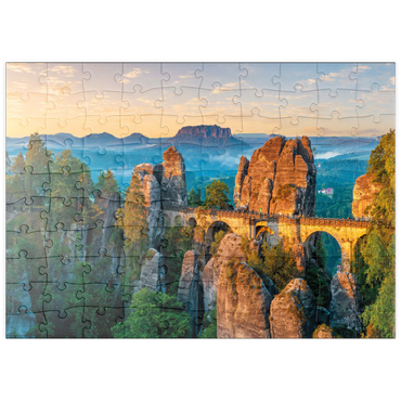 puzzleplate Sonnenaufgang an der Bastei in der Sächsischen Schweiz, Sachsen, Deutschland 100 Puzzle