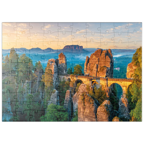 puzzleplate Sonnenaufgang an der Bastei in der Sächsischen Schweiz, Sachsen, Deutschland 100 Puzzle