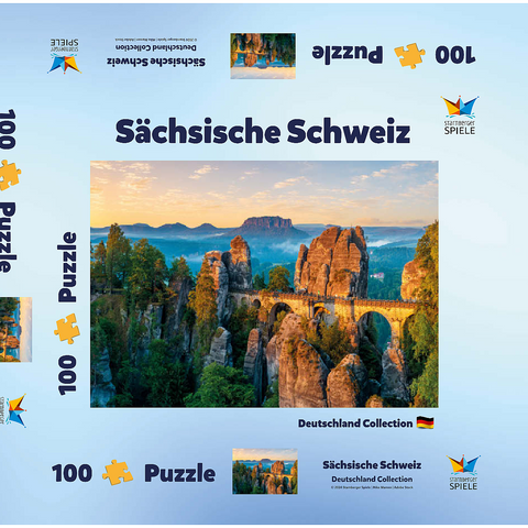 Sonnenaufgang an der Bastei in der Sächsischen Schweiz, Sachsen, Deutschland 100 Puzzle Schachtel 3D Modell