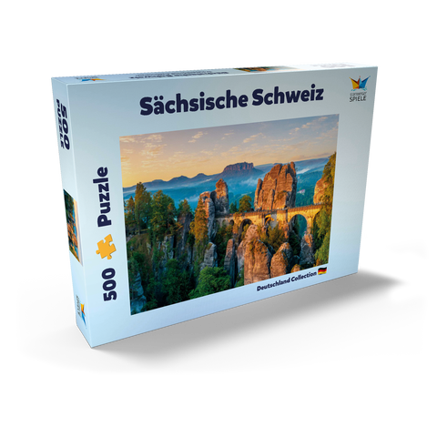 Sonnenaufgang an der Bastei in der Sächsischen Schweiz, Sachsen, Deutschland 500 Puzzle Schachtel Ansicht2