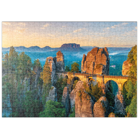 puzzleplate Sonnenaufgang an der Bastei in der Sächsischen Schweiz, Sachsen, Deutschland 500 Puzzle