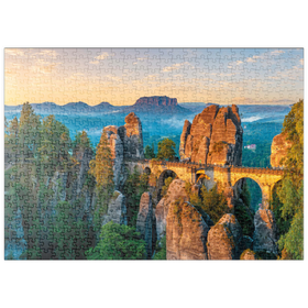 Darstellung des Puzzle Motivs Sonnenaufgang an der Bastei in der Sächsischen Schweiz, Sachsen, Deutschland - Puzzleteile: 500