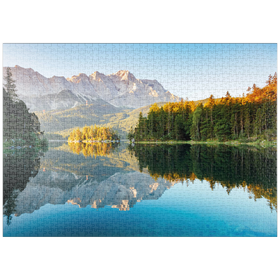 Darstellung des Puzzle-Motivs Herbstlandschaft am Eibsee mit Wettersteingebirge und Zugspitze, Alpenmotiv - Bayern – Puzzleteile: 1000