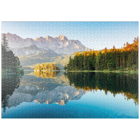 puzzleplate Herbstlandschaft am Eibsee mit Wettersteingebirge und Zugspitze, Alpenmotiv - Bayern 1000 Puzzle