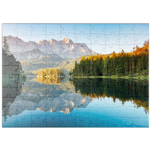 puzzleplate Herbstlandschaft am Eibsee mit Wettersteingebirge und Zugspitze, Alpenmotiv - Bayern 100 Puzzle