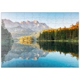 Darstellung des Puzzle Motivs Herbstlandschaft am Eibsee mit Wettersteingebirge und Zugspitze, Alpenmotiv - Bayern - Puzzleteile: 100