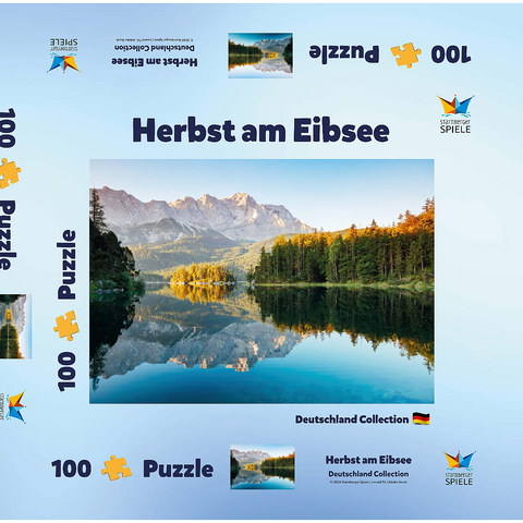 Herbstlandschaft am Eibsee mit Wettersteingebirge und Zugspitze, Alpenmotiv - Bayern 100 Puzzle Schachtel 3D Modell