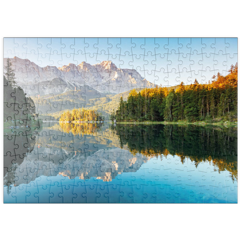 puzzleplate Herbstlandschaft am Eibsee mit Wettersteingebirge und Zugspitze, Alpenmotiv - Bayern 200 Puzzle