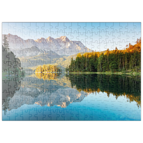 Darstellung des Puzzle Motivs Herbstlandschaft am Eibsee mit Wettersteingebirge und Zugspitze, Alpenmotiv - Bayern - Puzzleteile: 200