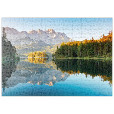 puzzleplate Herbstlandschaft am Eibsee mit Wettersteingebirge und Zugspitze, Alpenmotiv - Bayern 500 Puzzle