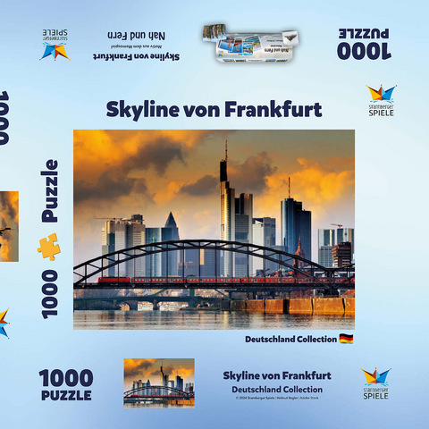 Skyline von Frankfurt und Deutschherrnbrücke im Abendlicht 1000 Puzzle Schachtel 3D Modell