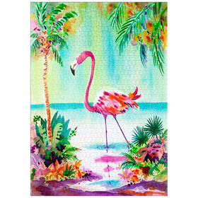 Darstellung des Puzzle Motivs Flamingo-Lagune – Aquarellkunstwerk - Puzzleteile: 1000