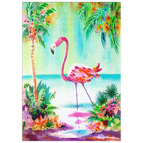Darstellung des Puzzle-Motivs Flamingo-Lagune – Aquarellkunstwerk – Puzzleteile: 500
