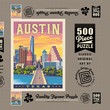 Darstellung des Puzzle Motivs Austin, Texas: Sunset, Vintage Poster 500 Puzzle Schachtel 3D Modell