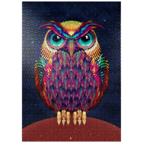 Darstellung des Puzzle-Motivs Bunte Eule in geometrischem Kunststil vor Sternenhimmel – Puzzleteile: 1000