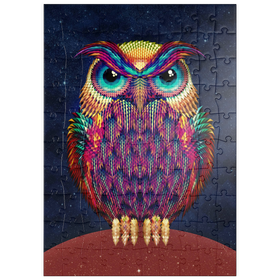 Darstellung des Puzzle Motivs Bunte Eule in geometrischem Kunststil vor Sternenhimmel - Puzzleteile: 100