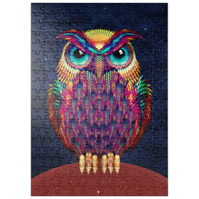 Darstellung des Puzzle-Motivs Bunte Eule in geometrischem Kunststil vor Sternenhimmel – Puzzleteile: 200