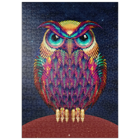 Darstellung des Puzzle-Motivs Bunte Eule in geometrischem Kunststil vor Sternenhimmel – Puzzleteile: 500