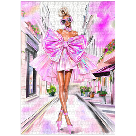 Darstellung des Puzzle-Motivs Glamouröse Mode-Illustration – Futuristisches Pinkkleid in Paris – Puzzleteile: 1000