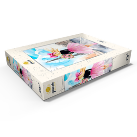 Darstellung des Puzzle Motivs Romantische Paris-Illustration – Frau mit Blumenstrauß vor Eiffelturm - Puzzleteile: 1000