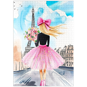Darstellung des Puzzle Motivs Romantische Paris-Illustration – Frau mit Blumenstrauß vor Eiffelturm - Puzzleteile: 1000