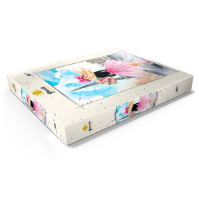 Darstellung des Puzzle Motivs Romantische Paris-Illustration – Frau mit Blumenstrauß vor Eiffelturm - Puzzleteile: 100