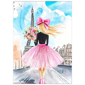 Darstellung des Puzzle Motivs Romantische Paris-Illustration – Frau mit Blumenstrauß vor Eiffelturm - Puzzleteile: 100