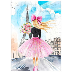 Darstellung des Puzzle Motivs Romantische Paris-Illustration – Frau mit Blumenstrauß vor Eiffelturm - Puzzleteile: 200