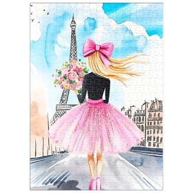 Darstellung des Puzzle Motivs Romantische Paris-Illustration – Frau mit Blumenstrauß vor Eiffelturm - Puzzleteile: 500