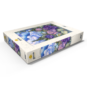 Darstellung des Puzzle Motivs Mystische Rosen und Libellen vor Bergkulisse – Kunstvolle Naturillustration - Puzzleteile: 1000