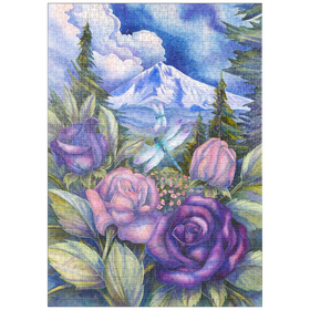 Darstellung des Puzzle-Motivs Mystische Rosen und Libellen vor Bergkulisse – Kunstvolle Naturillustration – Puzzleteile: 1000