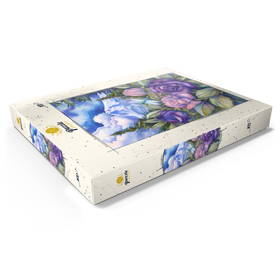 Darstellung des Puzzle Motivs Mystische Rosen und Libellen vor Bergkulisse – Kunstvolle Naturillustration - Puzzleteile: 100