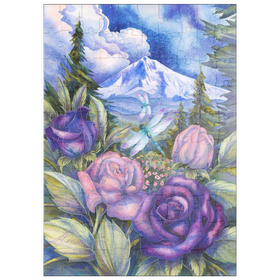 Darstellung des Puzzle Motivs Mystische Rosen und Libellen vor Bergkulisse – Kunstvolle Naturillustration - Puzzleteile: 100
