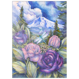 Darstellung des Puzzle Motivs Mystische Rosen und Libellen vor Bergkulisse – Kunstvolle Naturillustration - Puzzleteile: 200