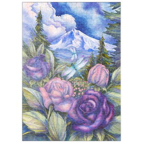 Darstellung des Puzzle Motivs Mystische Rosen und Libellen vor Bergkulisse – Kunstvolle Naturillustration - Puzzleteile: 500